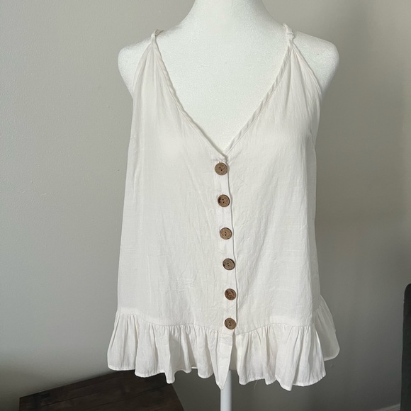 SHEIN | White Button Down V-Neck Ruffle Hem Tank Top - Picture 1 of 9